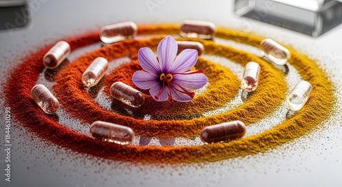 Saffron flower and capsules arranged in a spiral on a background of saffron powder creating a