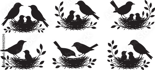 Bird and nest silhouettes vector set, collection of nests  and birds. Wildlife. Vector illustration of birds house on white background.