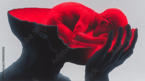 Stark, symbolic side-profile portrait of a dark, textured human hand holding a head silhouette containing a curled-up, glowing red fetal figure.