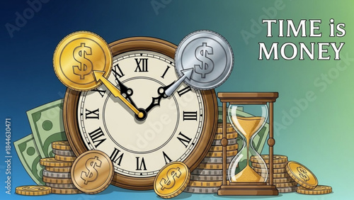 A colorful illustration of a clock, hourglass, coins, and bills with the phrase time is money in the background gradient blue to green