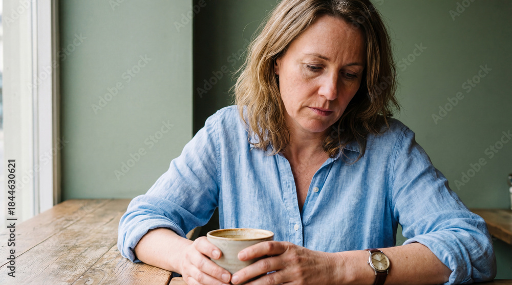 Fototapeta premium Middle aged woman sitting alone at wooden table holding coffee cup, looking down with thoughtful and lonely expression indoors