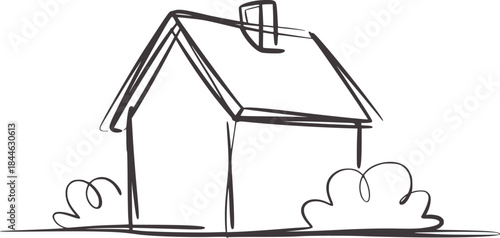 Minimalist black and white line of a simple house with bushes