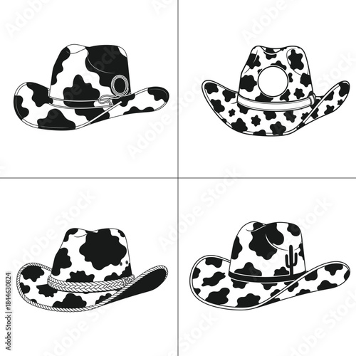 cow print cowboy hat vector set with rope cactus and patch for country t shirt graphics