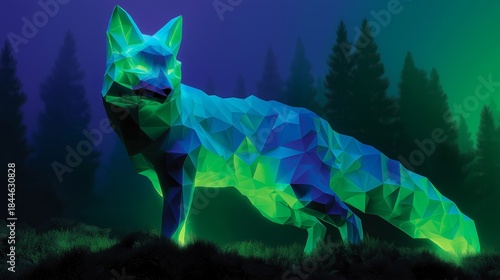 Stunning digital art of a low-poly fox statue, glowing neon blue and green, standing in a dark, misty forest landscape with tall pine trees.