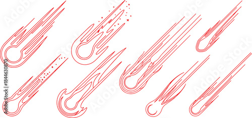 Falling meteor silhouette vector set, isolated on white background