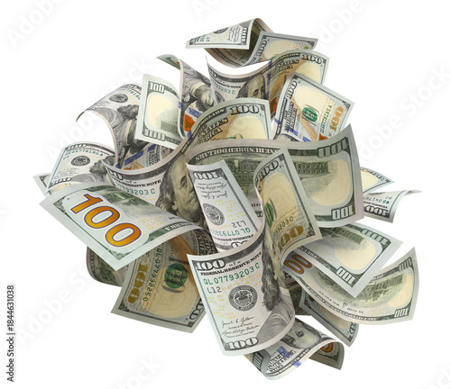 Flying hundred dollar bills, isolated on transparent cutout background