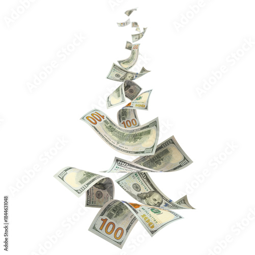 Flying hundred dollar bills, isolated on transparent cutout background