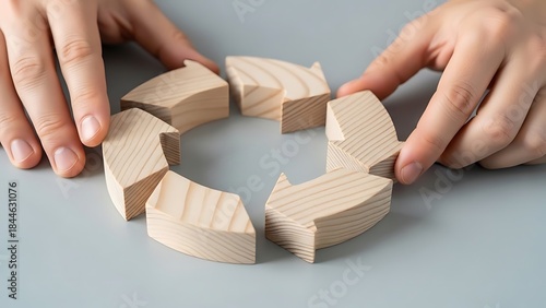 Circular Flow: Hands Aligning Wooden Arrows to Represent Interconnectedness & Continuous Process Improvement