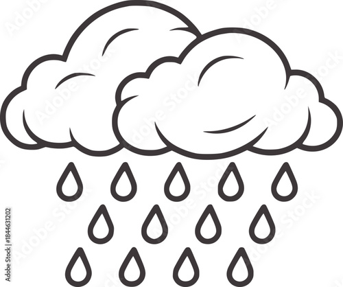 Minimalist black and white line of rain clouds and raindrops