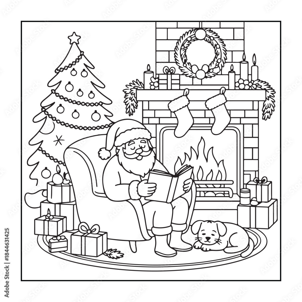 Fototapeta premium Christmas-themed, fully detailed black and white coloring pages with Christmas elements in a cute style for adults and teens.
