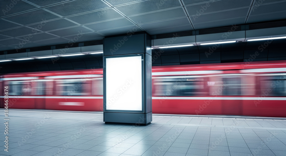 Naklejka premium Blank vertical billboard mockup in subway station with fast moving red train background