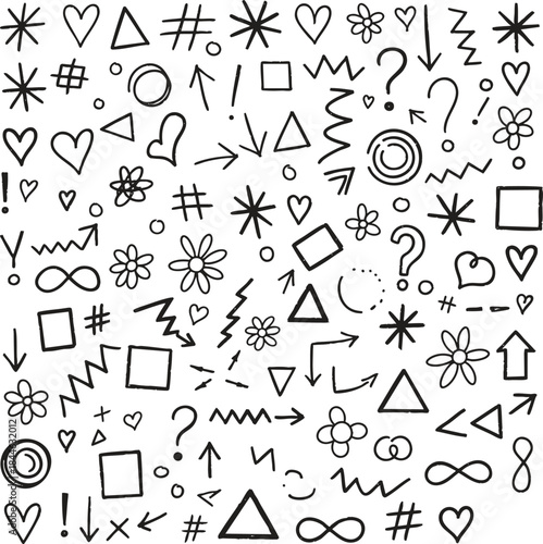 hand drawn doodle icon set with geometric shapes arrows hearts stars and symbols in grid layout