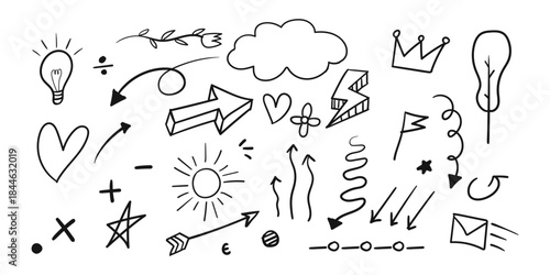 A collection of hand drawn doodle elements including light bulbs hearts arrows and various abstract shapes in black and white