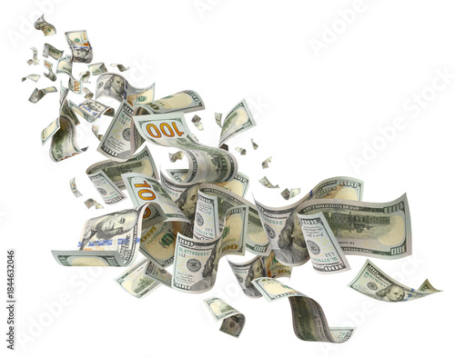 Flying hundred dollar bills, isolated on transparent cutout background