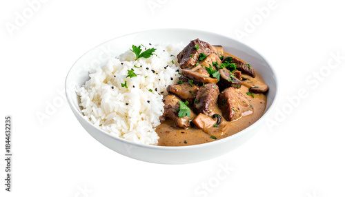 A white bowl presents rice with beef and mushroom stew, a culinary delight