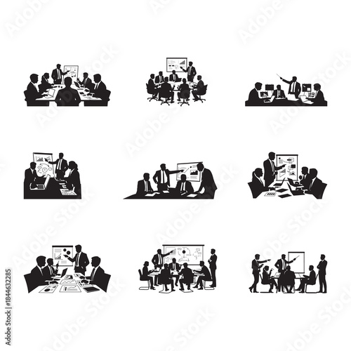 Black Color Business Strategy Planning Silhouette Vector Illustration, Solid White Background.