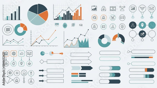 Collection of various colorful infographic elements and charts on a light gray background including bar graphs, pie charts, and other data visualization tools