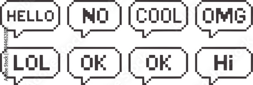 Pixelated speech bubbles with internet slang in monochrome