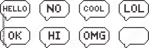 Pixelated speech bubbles with text in monochrome style