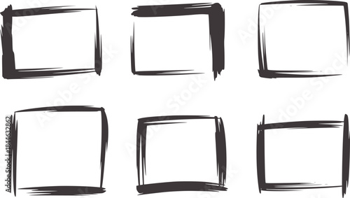 Set of eight hand drawn black ink rough rectangles white