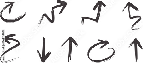 Seven hand drawn black brushstroke arrows in various styles