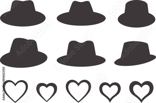 Six black fedora hats and five black heart outlines in black and white
