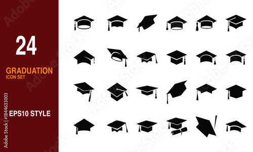 Graduation cap icon collection in clean black silhouette style. Education and academic symbols for school, learning, and success theme