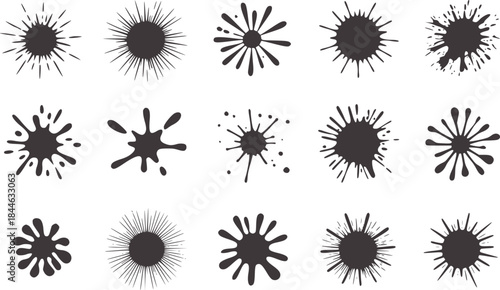 Sixteen black radial splash and burst white splashes