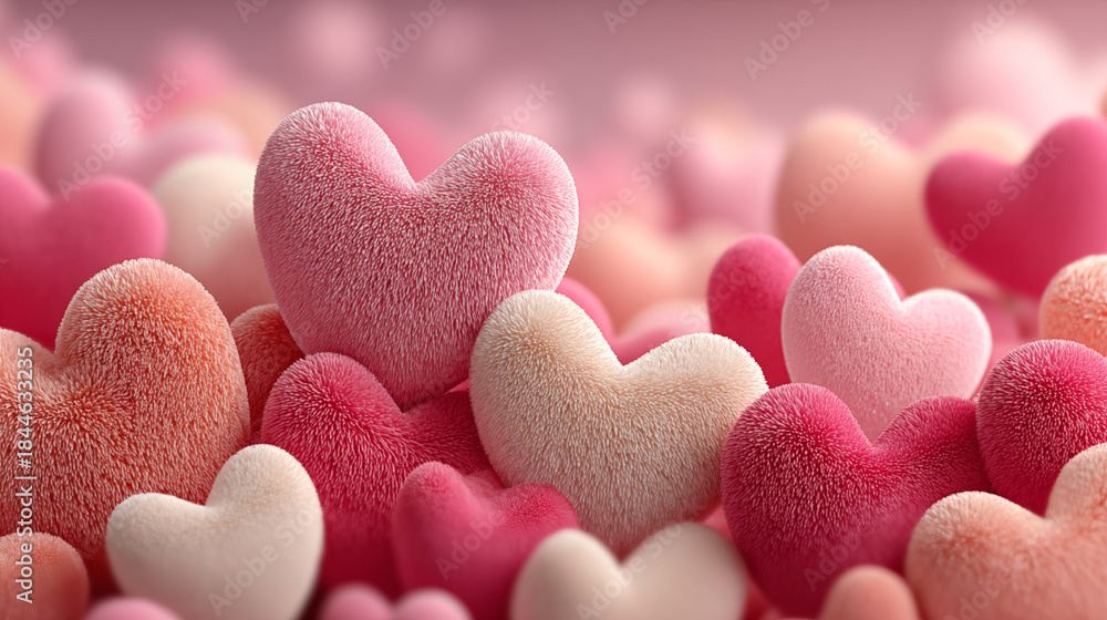 Obraz premium Close-up macro photography of velvety, textured hearts in pink and cream tones. A bright pink heart pops in the foreground against a softly blurred pastel background
