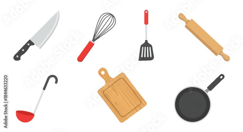 Colorful kitchen utensils including a knife whisk spatula and rolling pin