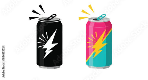 Two energy drink cans one black and one pink showing opening effects