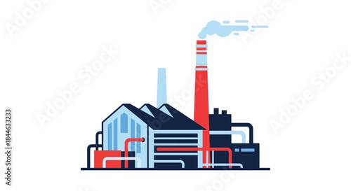 Industrial factory complex with red and white smokestacks emitting smoke