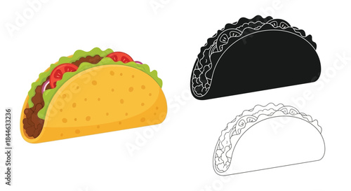 Colorful taco illustration alongside its black silhouette and line art version