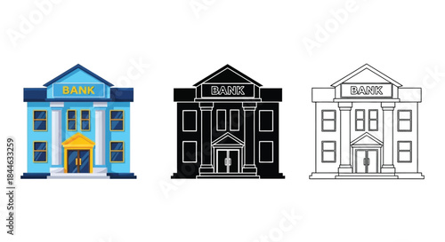 Three variations of a bank building icon color black and outline