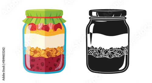 Colorful fruit and granola jar alongside a monochrome coffee bean jar