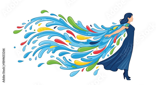 A woman with flowing water transforming into a colorful dynamic cascade
