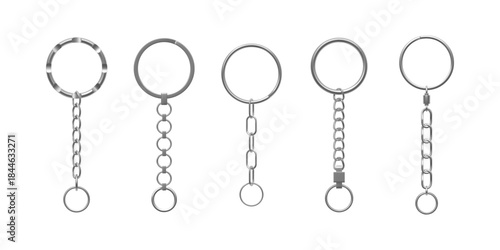 A set of keychain hardware, metal rings with chains, chrome-plated silver, various shapes.