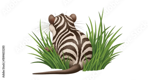 A striped mouse sits amongst tall green blades of grass looking backwards