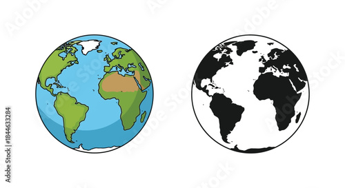 Two illustrations of earth a colored globe and a black and white version