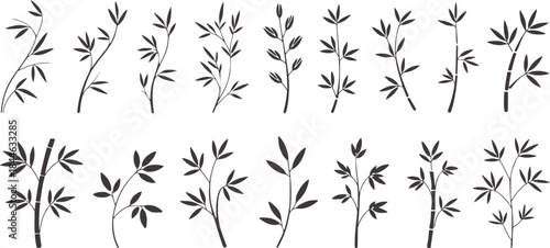 Twenty black bamboo branch silhouettes in black and white line