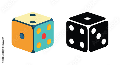 Colorful and monochrome dice illustrations showing different sides and spot arrangements