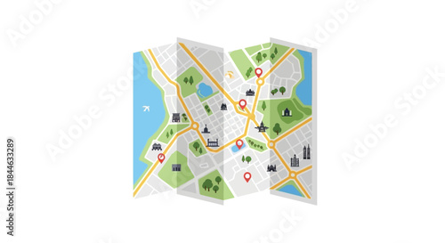 A detailed illustrated map showing city streets parks and waterfront areas