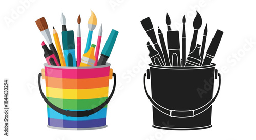 Colorful paintbrushes in a rainbow bucket alongside a monochrome silhouette version