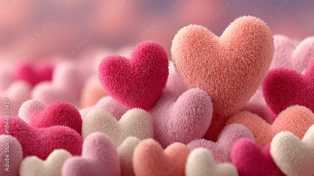 Obraz premium Close-up macro photography of velvety, textured hearts in pink and cream tones. A bright pink heart pops in the foreground against a softly blurred pastel background