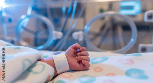 Newborn Baby's Hand in Incubator at Hospital NICU, Premature Birth and Healthcare Concept