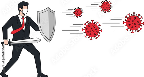 Businessman with mask holding sword and shield facing virus vector for COVID-19 protection, defense, and health awareness concept.