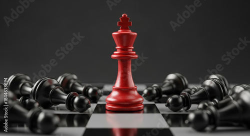 Red chess king standing among fallen black pawns on board representing victory and leadership