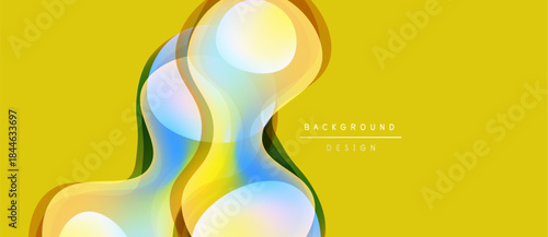 Abstract fluid shapes overlap, creating vibrant color gradients. Yellow background enhances visual impact. Modern design element.