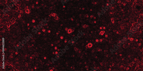 Abstract textured background with glowing red organic cellular patterns on dark deep black backdrop, science and medical concept