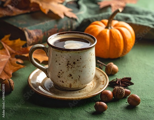 Cozy autumn still life coffee cup with pumpkin, leaves, and acorns on a green cloth